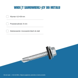 Wkręt samowiercący do metalu 6,3x38 mm, przewiercalność 6 mm, EPDM, 100 szt. – ocynk bez lakieru